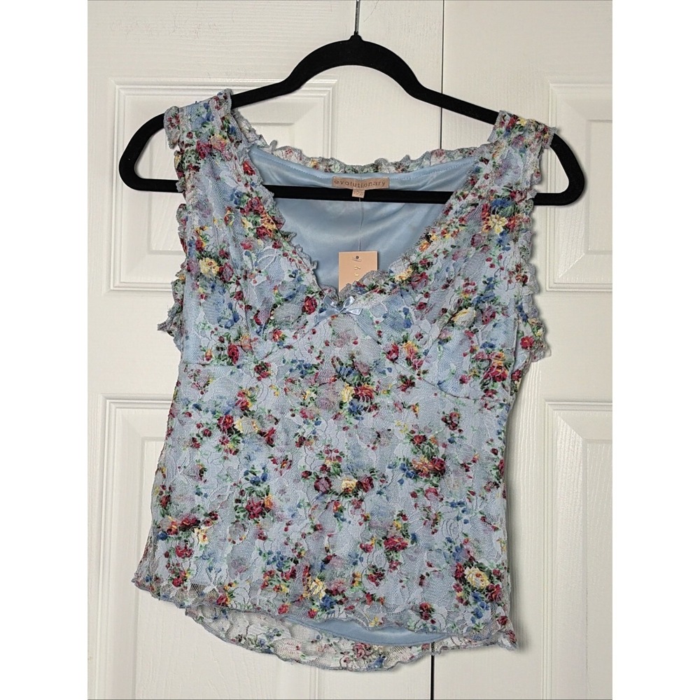 Evolutionary Floral Lace Ruffle Tank Top Womens Size L Blue Y2K‎ Cottagecore New